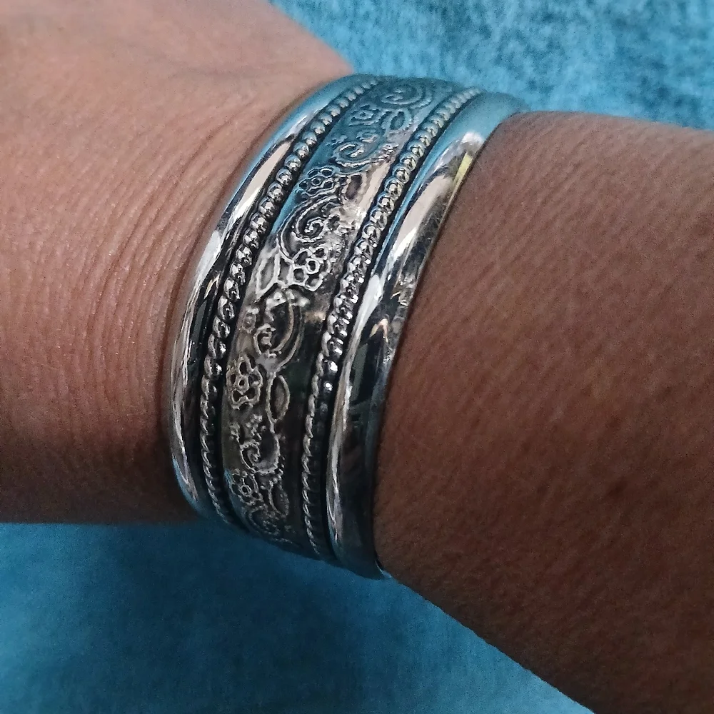 Silver Ornate Cuff Bracelet Flower Design